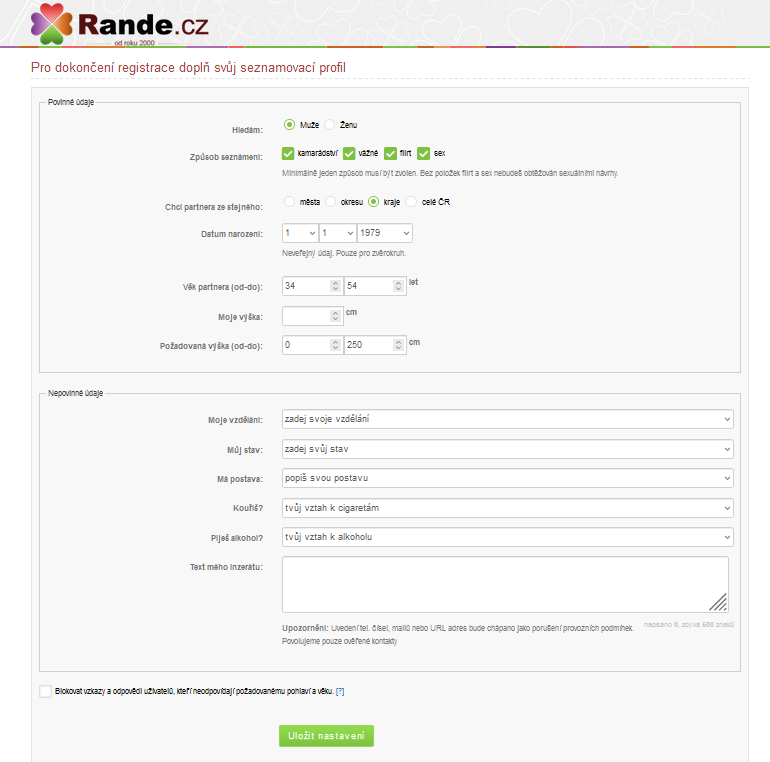 Rande.cz registrační formulář